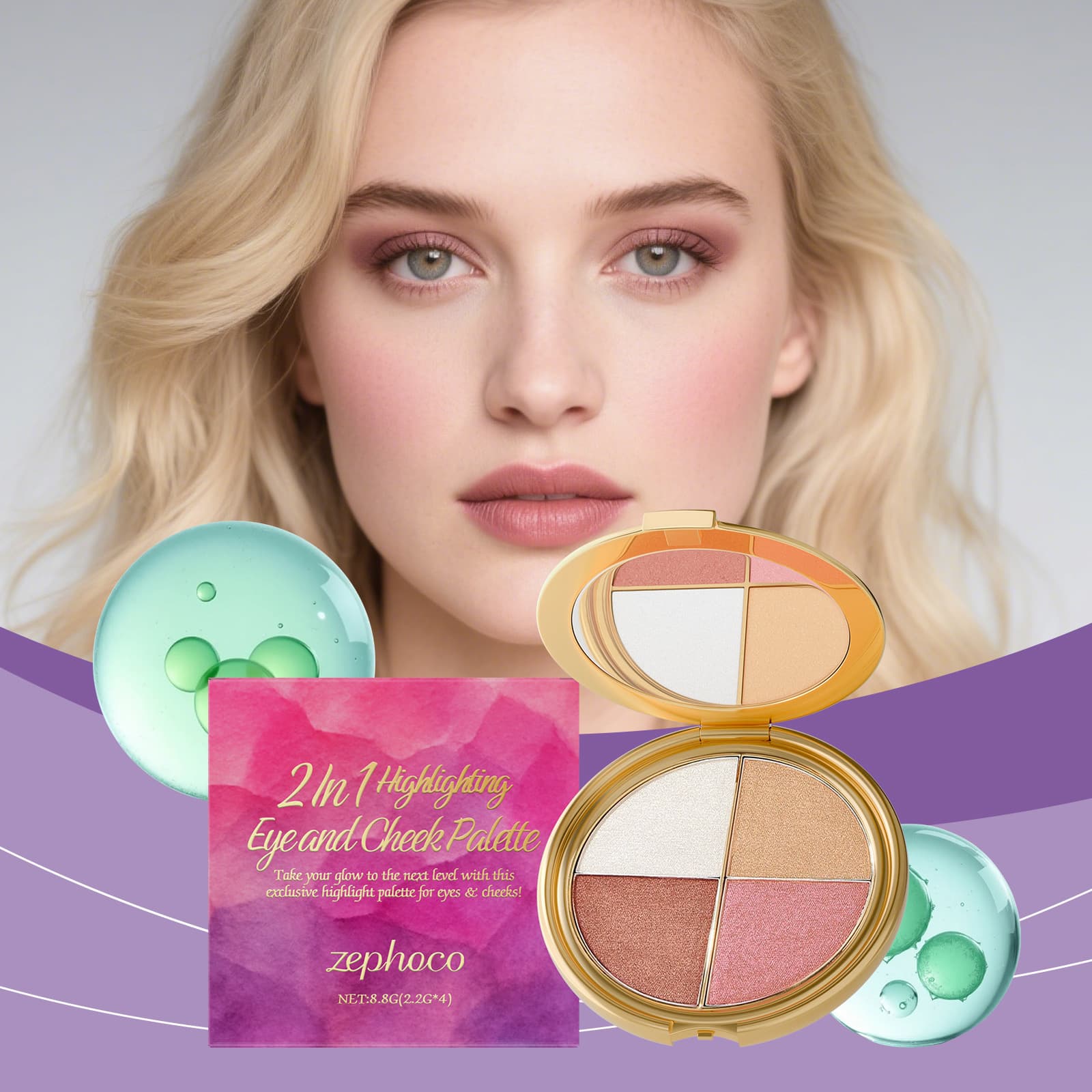 Cross-border Zephoco high-gloss eye shadow and blush palette, portable natural makeup palette, multi-purpose 4-color makeup palette