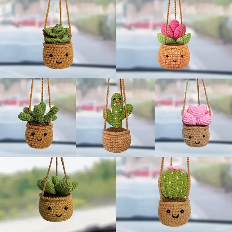 Amazon Cute Smiley Face Potted Plant Crochet Car Mirror Hanging Decoration, Car Accessories, Rearview Mirror Interior Decor