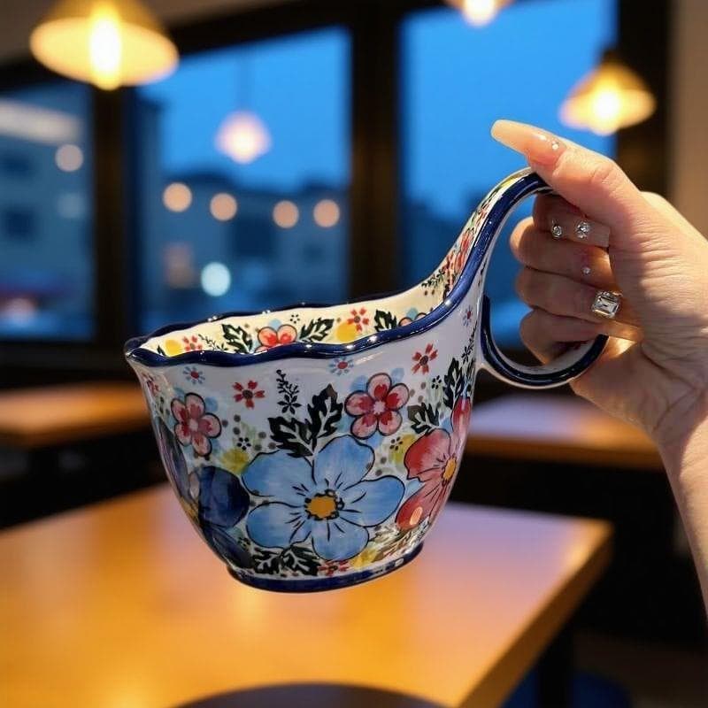Cute Hand-Painted Ceramic Mug with Curved Handle, Trendy Oat Milk Coffee Cup, Breakfast Cup