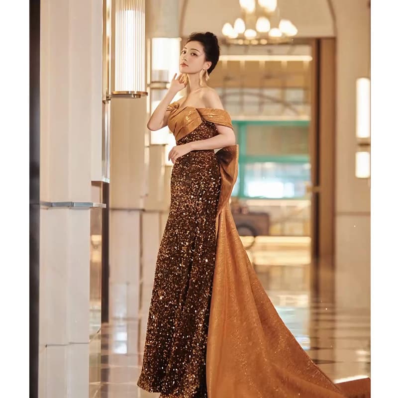 Gold Bridesmaid Dress Banquet Host Runway Evening Gown High-End French Vintage Sequin Dress