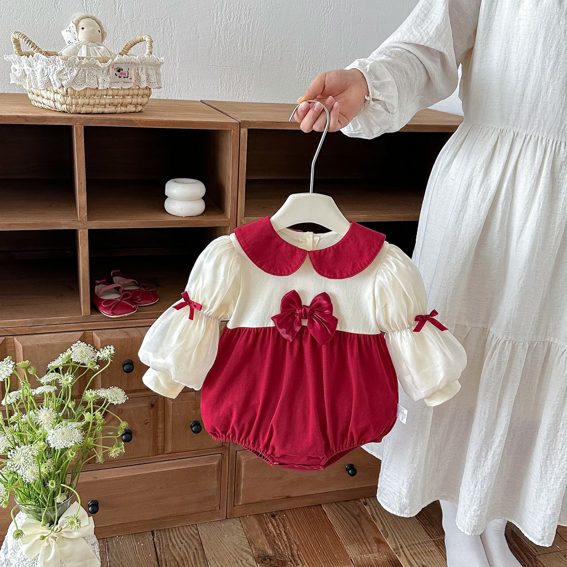Autumn Baby Clothes Girl Long Sleeve Princess Bodysuit Newborn Early Autumn Festive Red First Birthday Dress