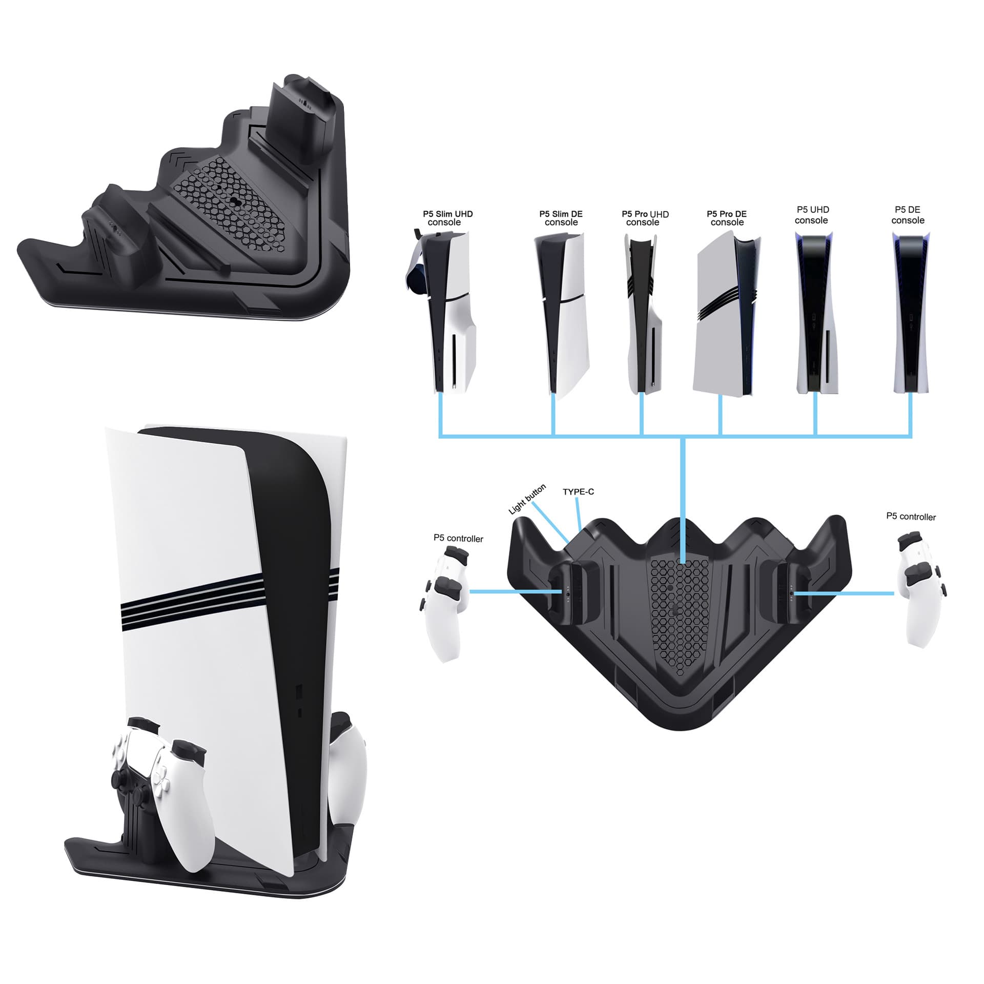 PS5 Pro/PS5 Slim/PS5 Console Universal Combat Style Base Stand with P5 Controller Charger and Headphone Holder
