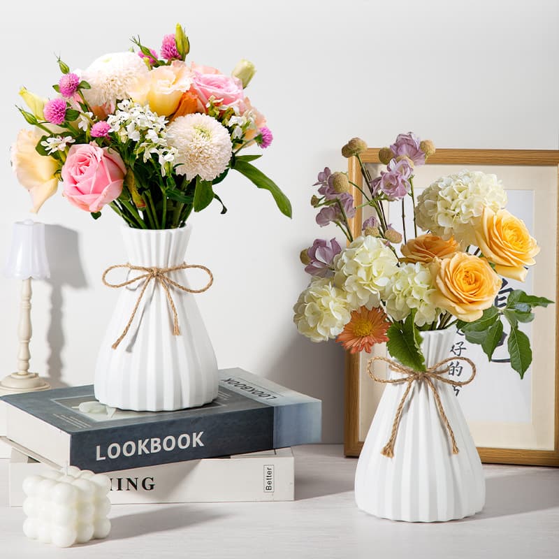 [Carefully Selected] Hydroponic Fresh Flower Vase, Imitation Ceramic Plastic Vase, Waisted Vase, Origami Creative, Jute Rope Artificial Flower Decoration