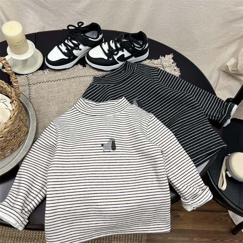 Winter Children's Cartoon Print Thick Warm Base Layer, Unisex Semi-Turtleneck Fleece Striped Inner Wear T-Shirt