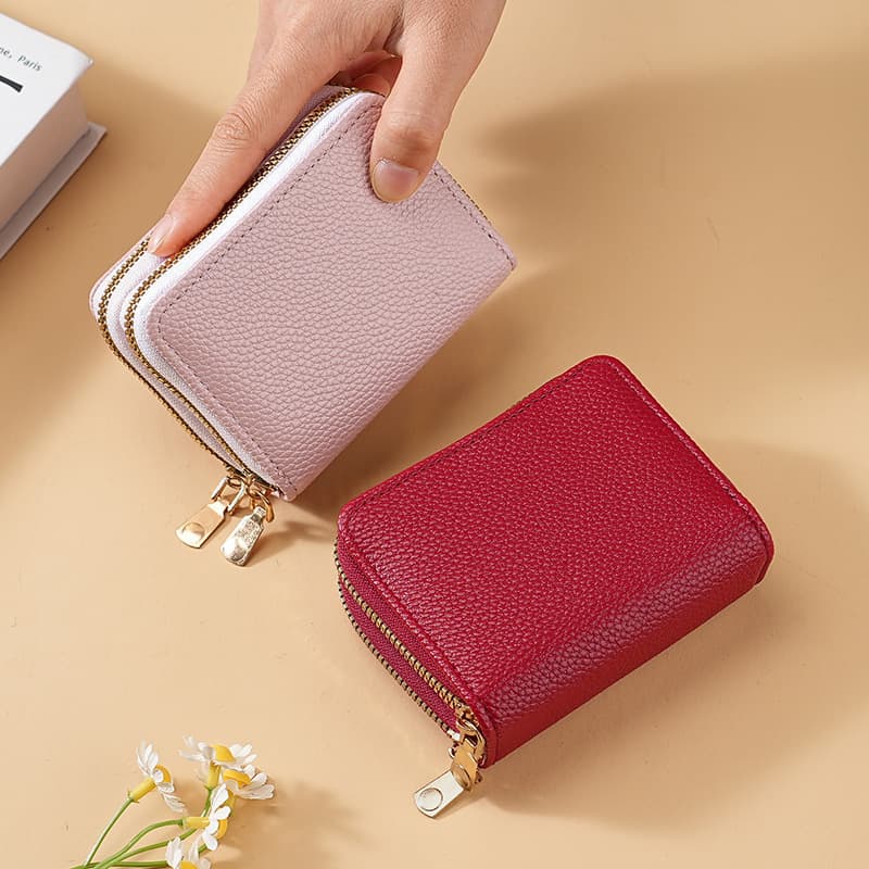 New Genuine Leather Texture Double Zipper Card Holder Women's Multi-Function Accordion Coin Purse Mini Storage Bag Simple and Fashionable