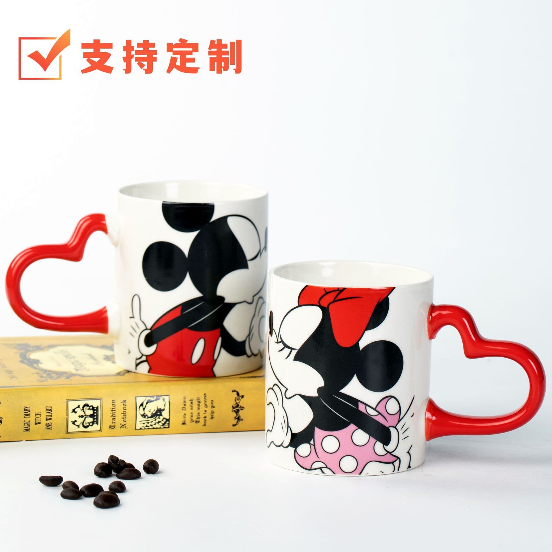 Heart-shaped Handle Ceramic Mug Couple Set Coffee Cup Customizable Pattern Color Logo Ins Style