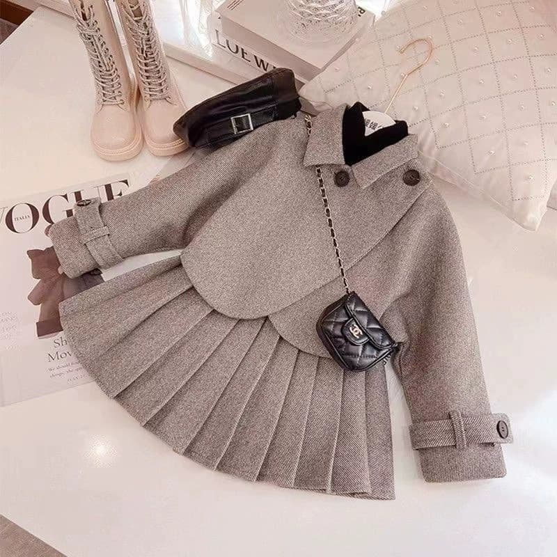 2026 Spring Autumn Girls Wool Coat Pleated Skirt Two-Piece Set Toddler Girls Fashionable Little Suit Set
