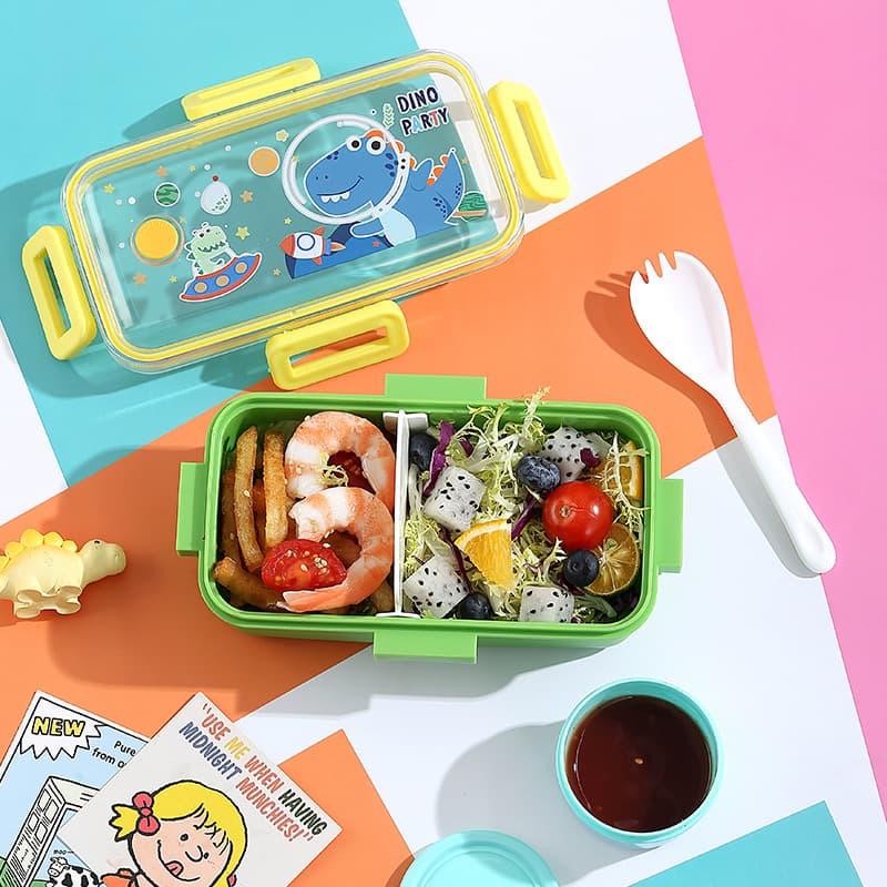 Childlike compartmented sealed lunch box cartoon pattern primary school student PP fork and spoon lunch box microwave heated fast food lunch box