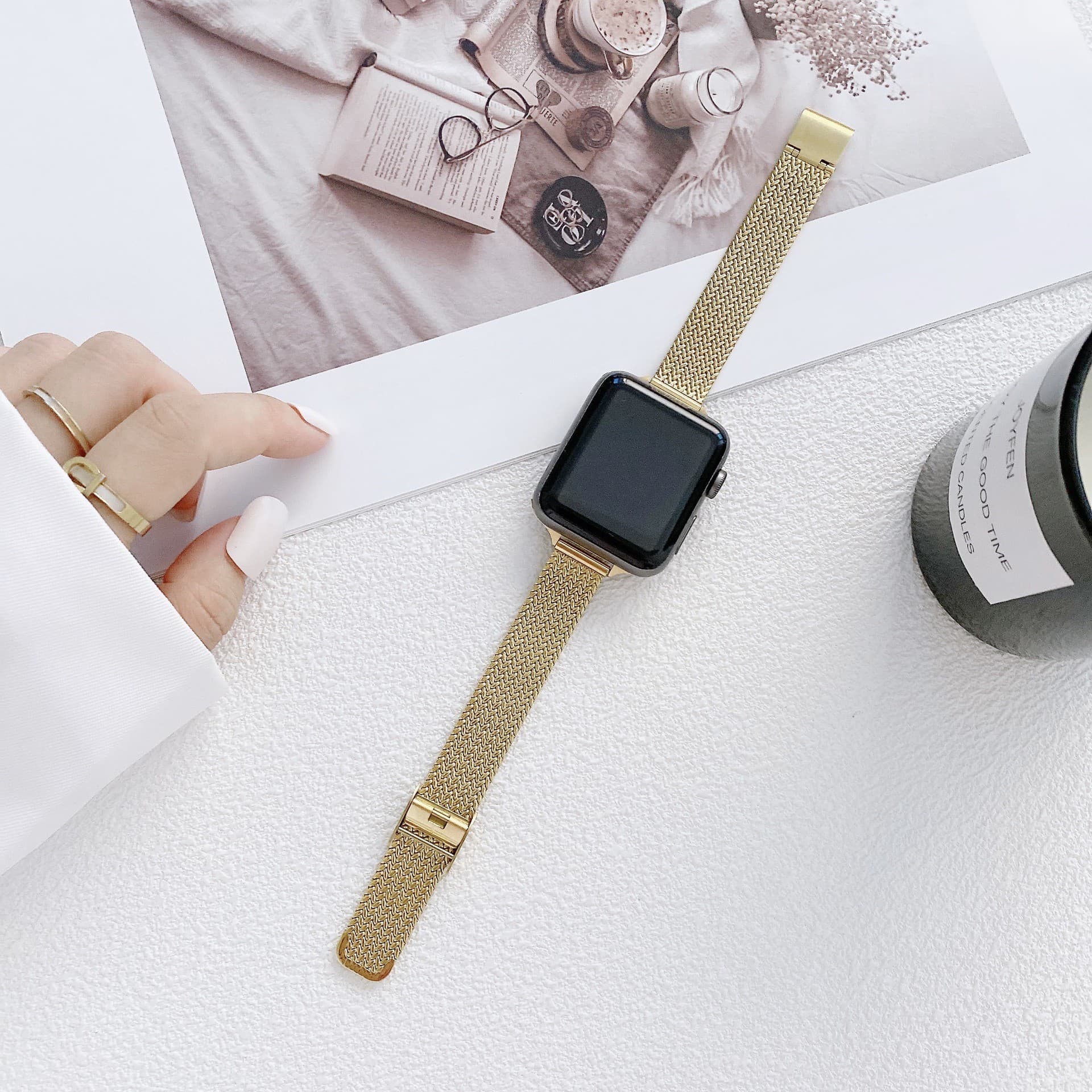 Compatible with Apple 6/7/8/9/10 Slim Waist V-Shape Wheat Ear Clasp Metal Watch Band for Huawei GT5 Fit4 Xiaomi Wristband