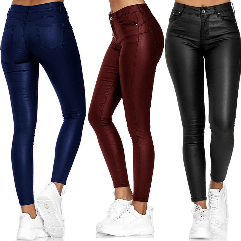 2026 Amazon Wish High Waist Solid Color Leather Casual Pants Skinny Pants Foreign Trade Women's Leather Pants Slimming High Waist