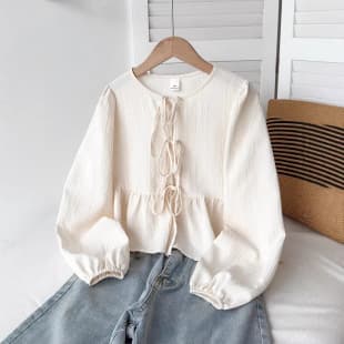 Girls' French Vintage Apricot Round Neck Tie Texture Puff Sleeve Waist-Nipped Ruffle Babydoll Top