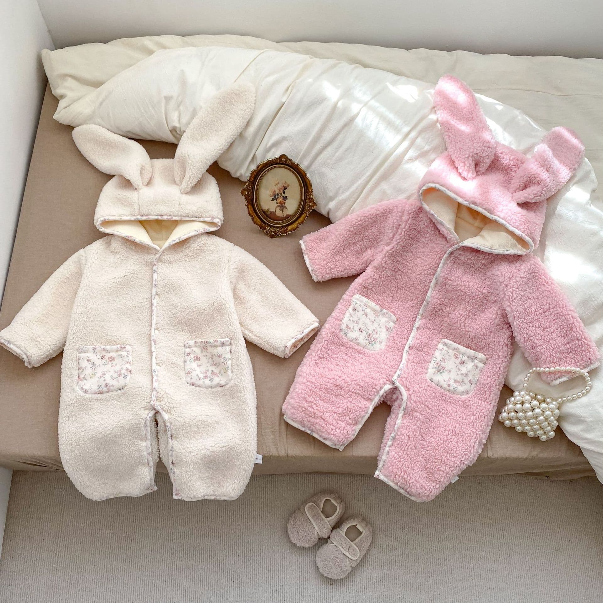 Winter Baby Clothes Bunny Fleece Romper Long Sleeve Hooded Warm Jumpsuit Cute Crawling Clothes Onesie