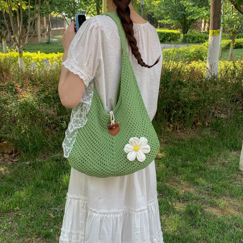 Women's Fashion Trendy Bag with Three-Dimensional Flower Decoration, Single Shoulder Underarm Bag, Lazy Style, Large Capacity Knitted Bag, Beach Bag