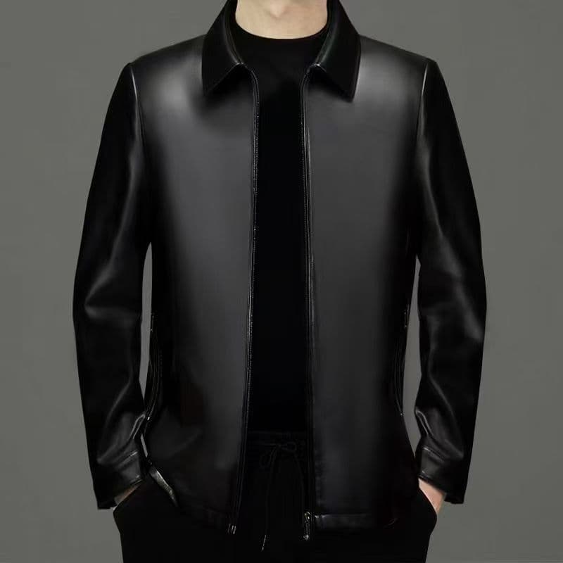 +2024 Middle-aged and elderly men's winter leather jacket, mid-length, fox fur collar, genuine fur, fleece-lined, PU.