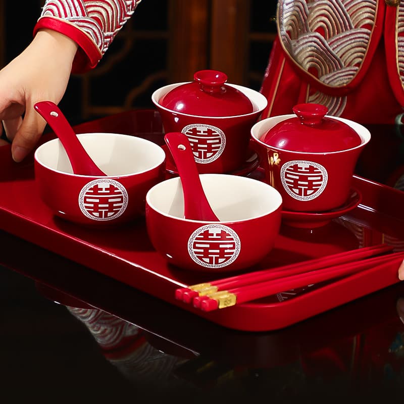 Tea Ceremony Cups and Wedding Bowls Pair, Red Toast Set with Chopsticks, Dowry Essentials
