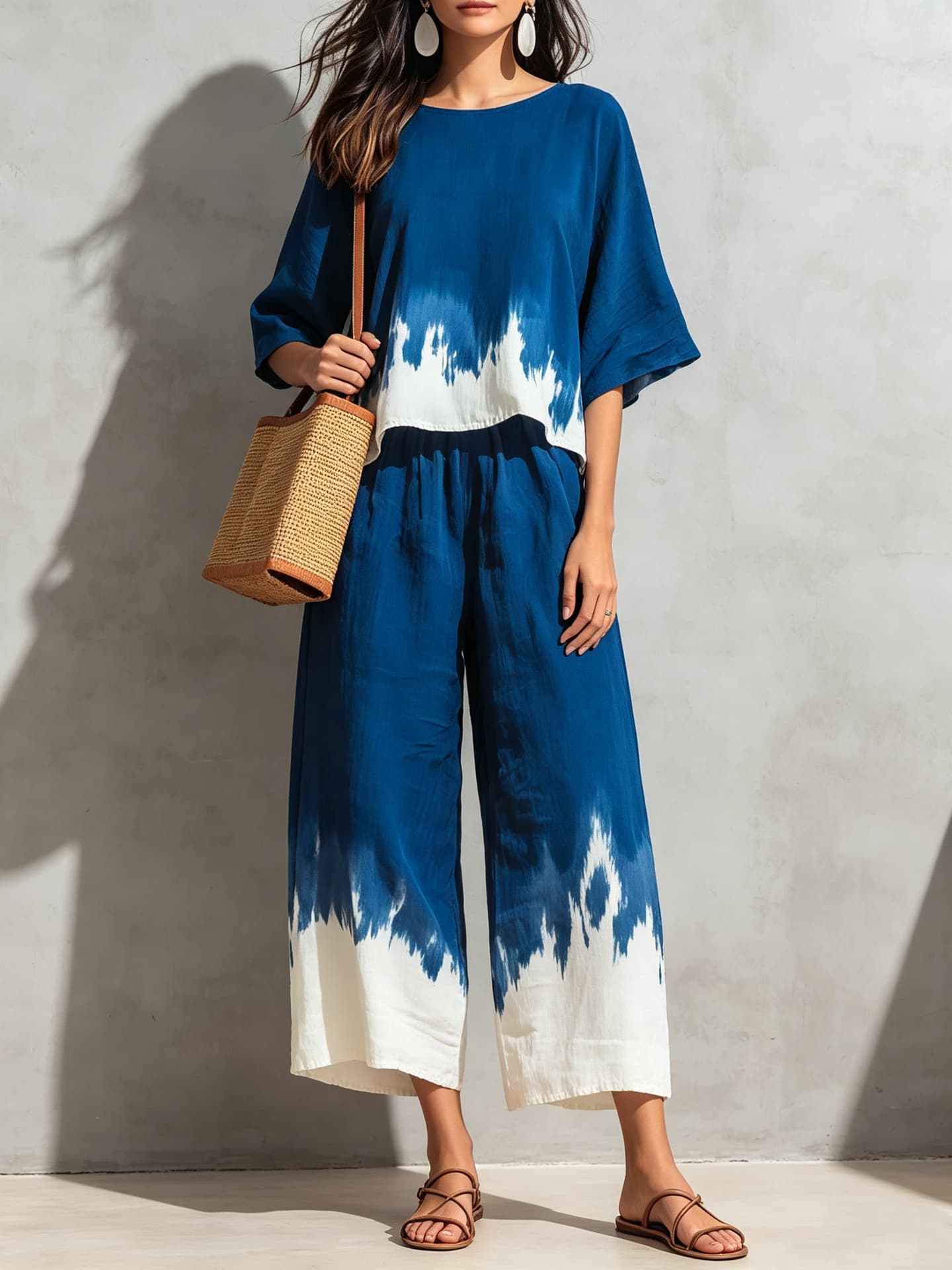 2026 Summer New Tie-Dye Loose Casual Set for Women, Solid Color Wide-Leg Pants Two-Piece Set, European and American Style Fashion Women's Wear
