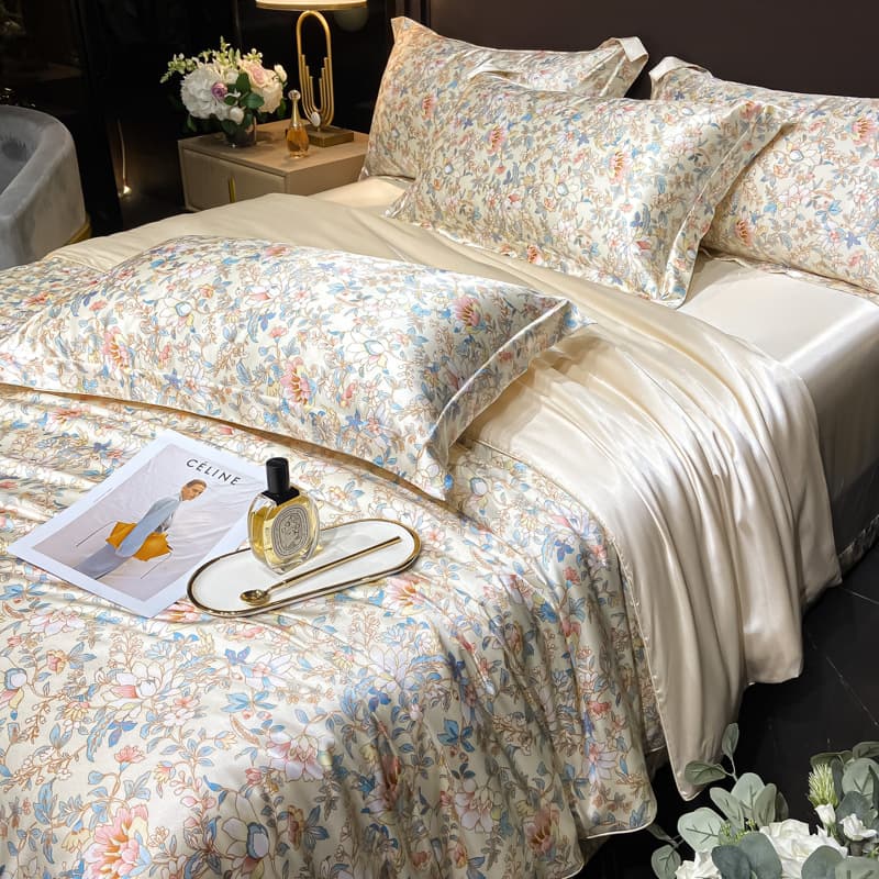 Luxury High-End Washed Silk 4-Piece Set Double-Sided Printed Silk Duvet Cover Bare Sleep Ice Silk Tencel Fitted Sheet Flat Sheet Option
