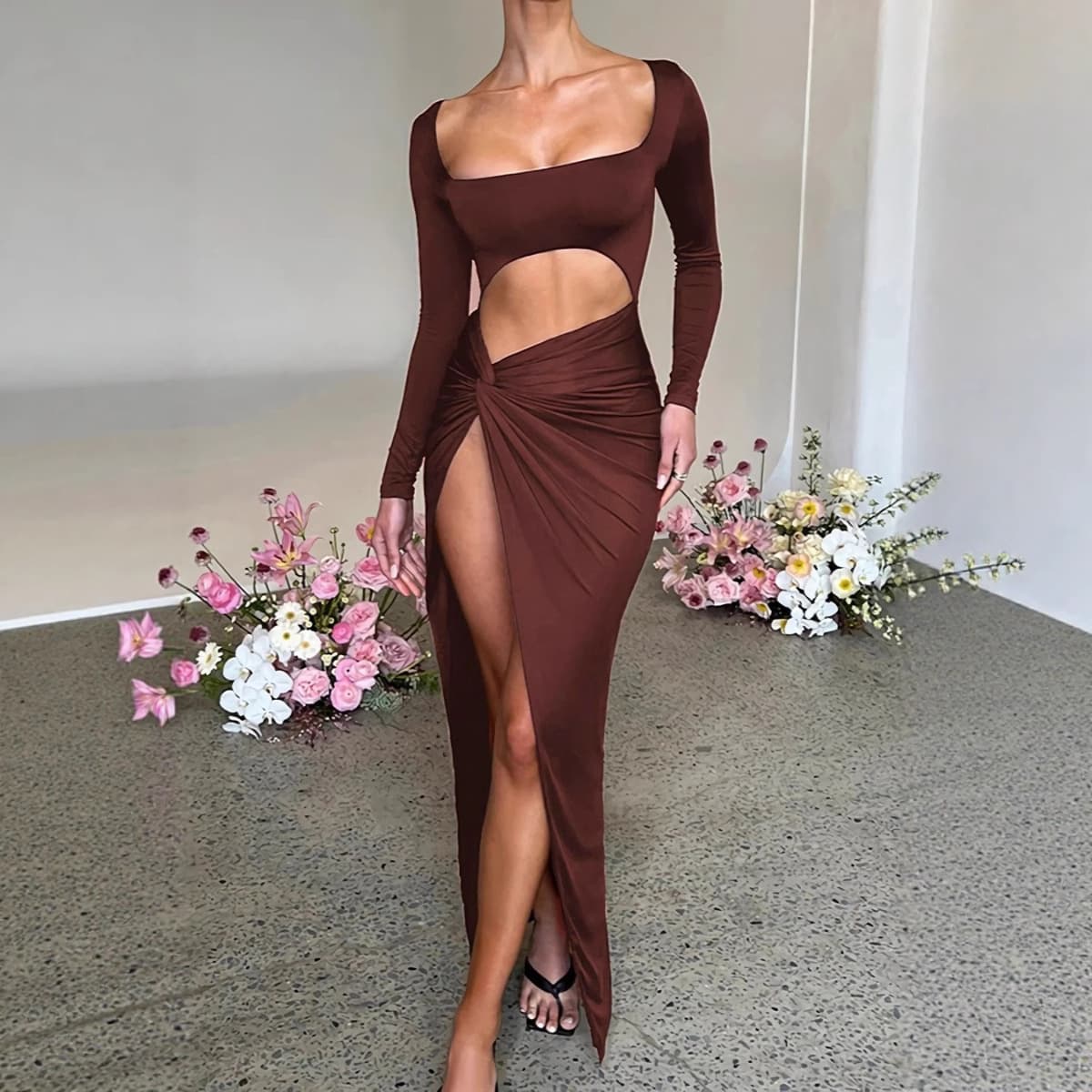 Sexy dress, fashionable, slim, high slit dress, sexy buttocks, breasted, charming clothing, women's dress