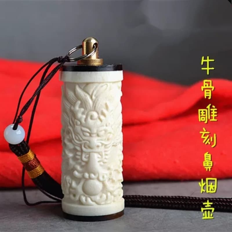 Ox Bone Snuff Bottle Antique-style Handmade Lidded Ethnic Carved Bamboo Classical Pattern Small Bottle with Inscription