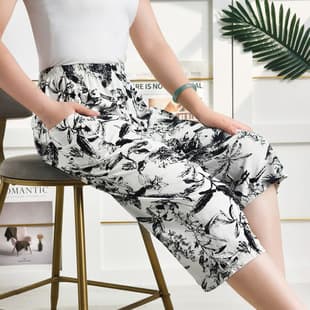 Summer Cotton Silk Three-Quarter Sleep Pants Women Thin Artificial Cotton Pants Loose Plus Size Mid-Length Pockets Cotton Silk Home Shorts
