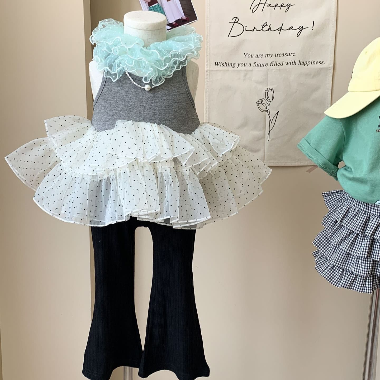 2025 Summer New Children's Clothing Korean Style Girls' Layered Mesh Vest Ballet Flocked Dot Vest