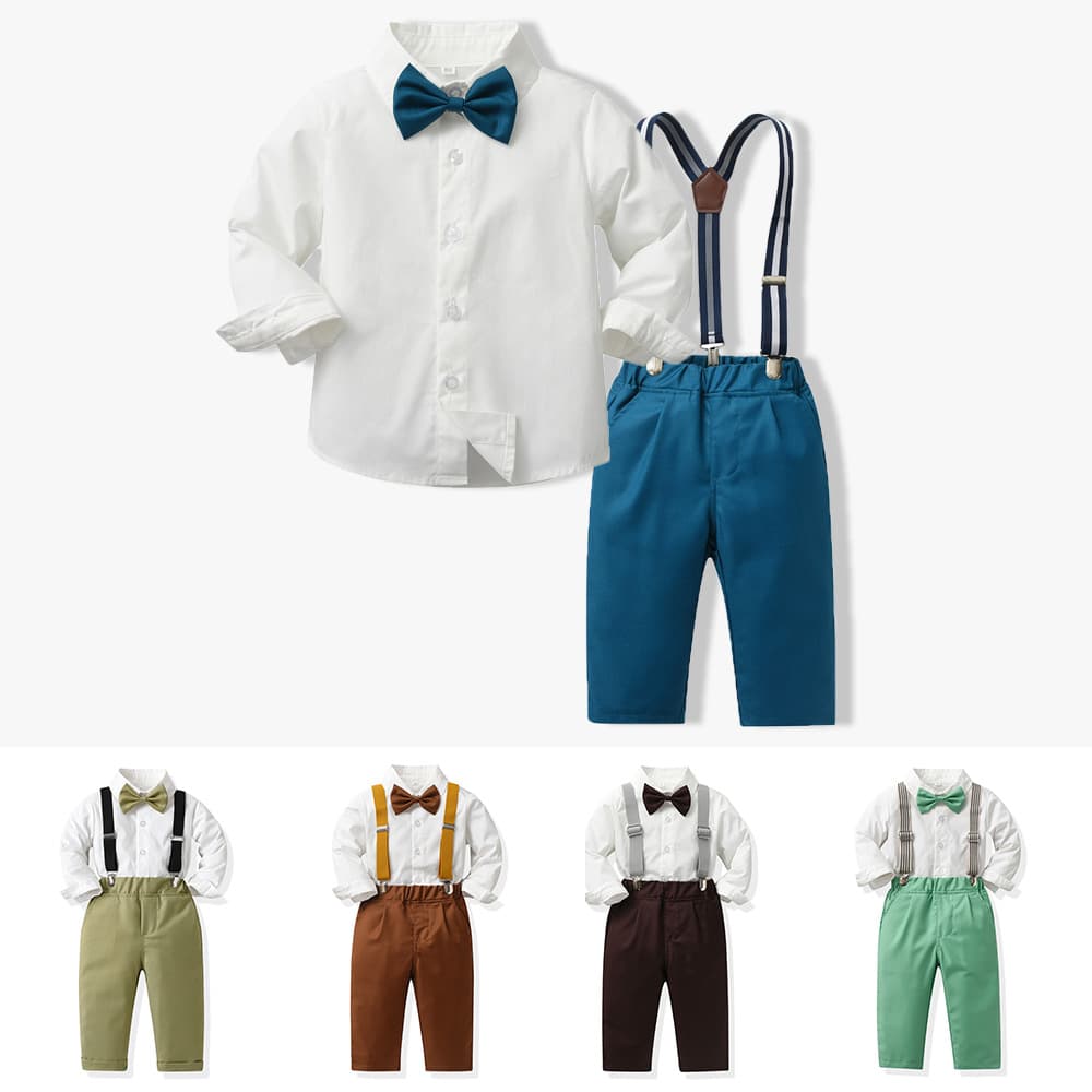 Autumn boys' dress long-sleeved bow cotton shirt children's suit overalls multi-piece Korean style trendy suit