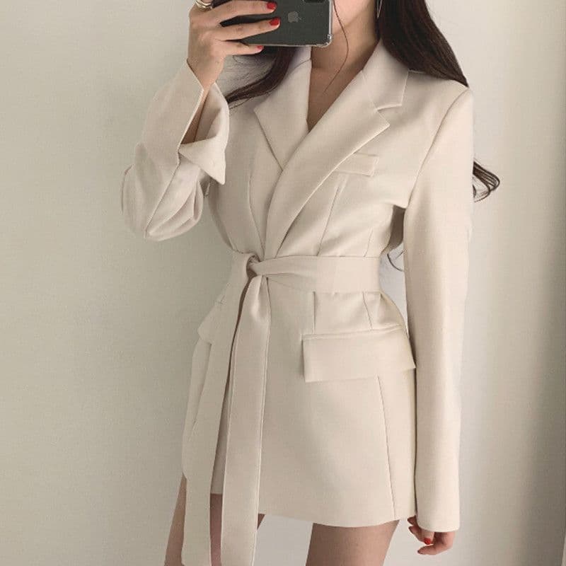 Elegant Chic Retro Hong Kong Style Korean Waist-Cinching Belted Women's Suit Jacket High Quality Polyester Long Sleeve Commute Fashion