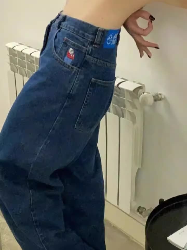Y2K Mid-Rise Jeans with Cartoon Graphic Embroidery Street Pants 2026 New European Y2K Trend Cross-Border Supply