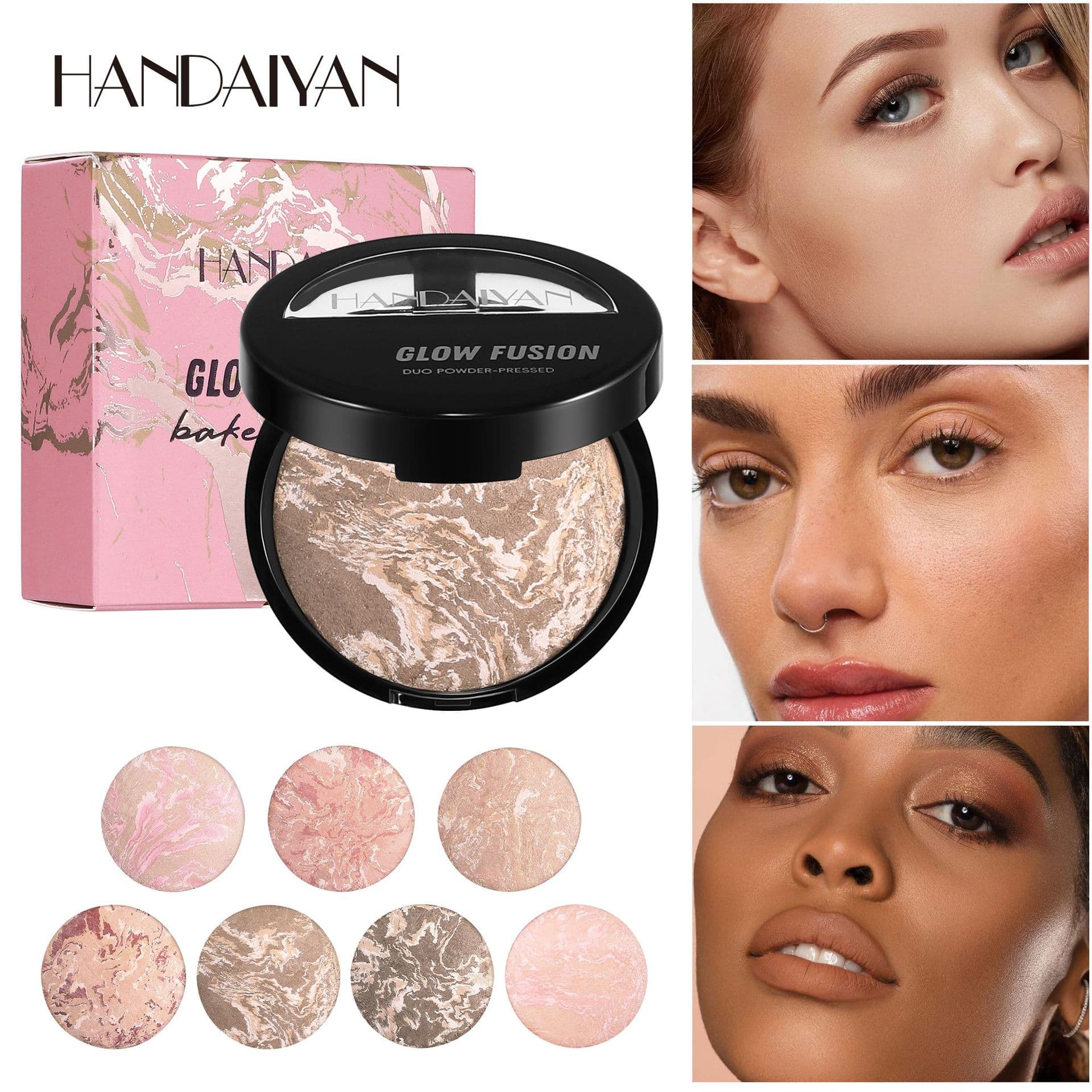 HANDAIYAN Concealing Powder Foundation with Highlighter, Contouring, Setting Powder, Pearlescent Oil Control, Baked Powder