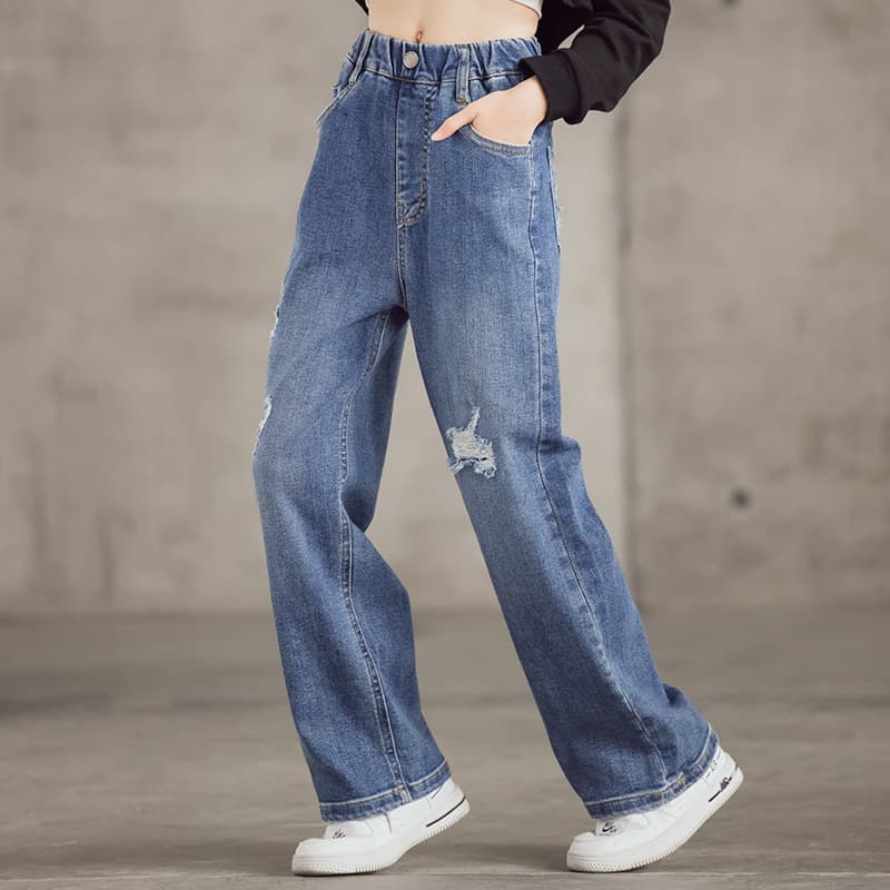 Girls' Jeans 2024 Spring, Mid-Large Kids Ripped Wide Leg Pants, Loose Hong Kong Style High Waist Straight Leg Floor-Length Pants, Children's Pants