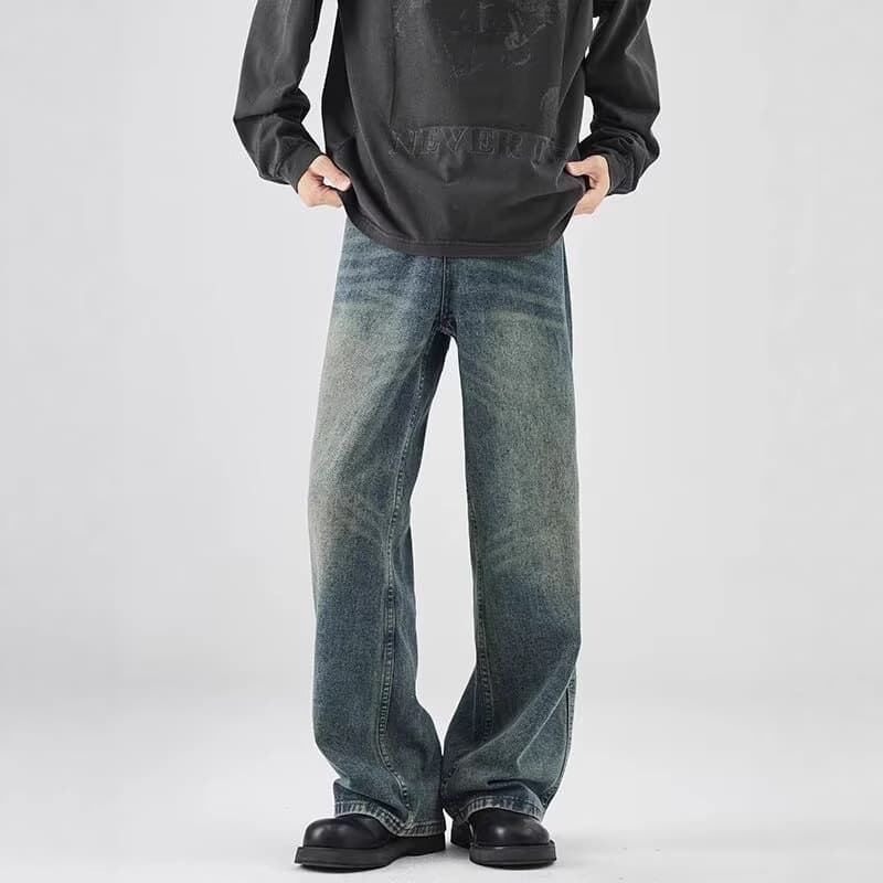 Vintage Blue Washed Distressed Jeans for Men, New American Casual Straight-Leg Vibe Pants, Slimming Wide-Leg Trousers