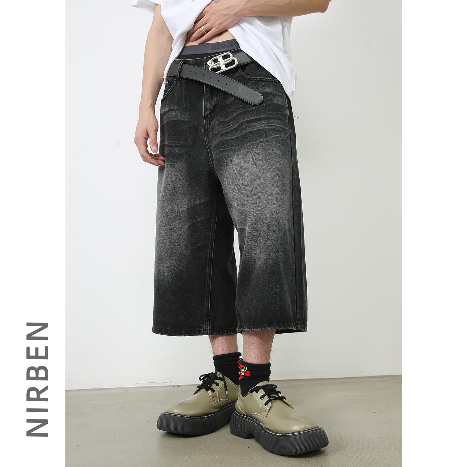 Nirben Denim | Wide-Leg Cropped Jeans Summer Vintage Washed Relaxed Straight-Leg Mid-Length Shorts for Men