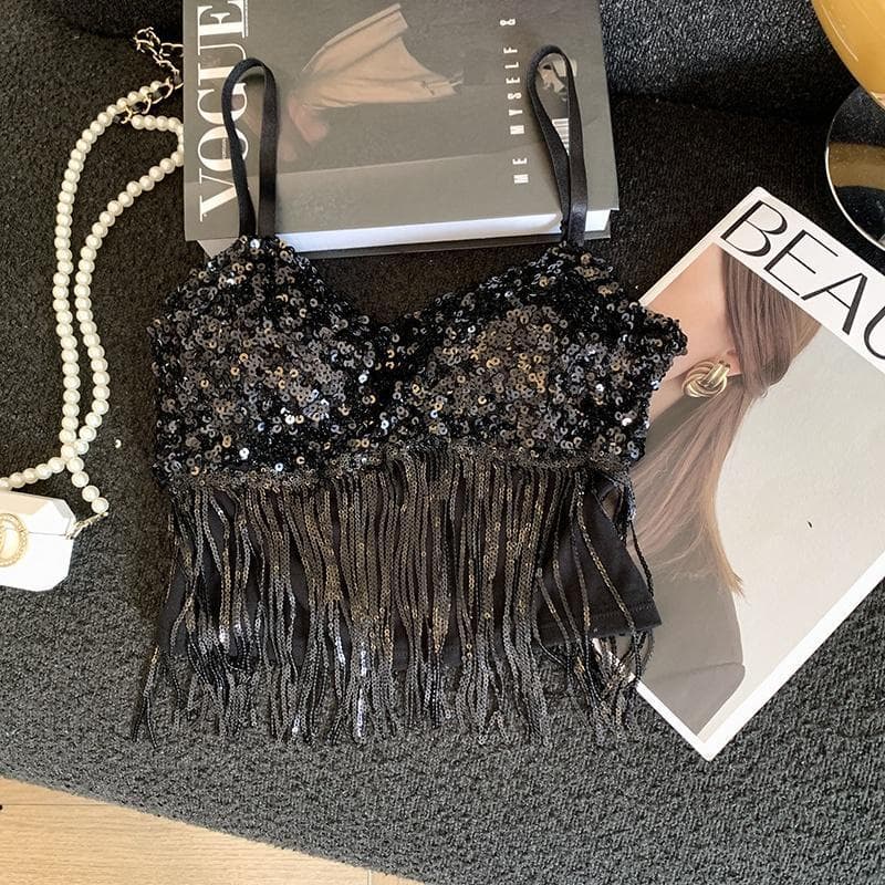 Premium Heavy Sequin Camisole Top for Women, New Summer Backless Bra Top with Built-in Bra, Sleeveless Vest