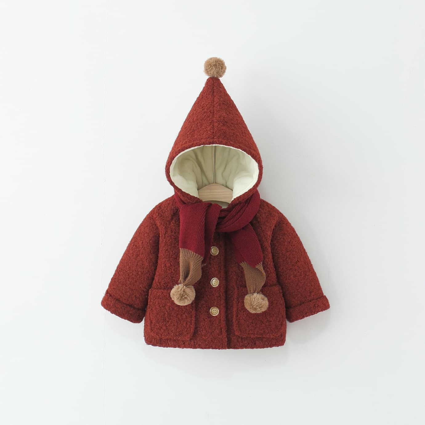 2025 Winter New Pointed Hood Wool Coat for Girls, Fleece-lined and Thickened with Pom-pom Scarf Included