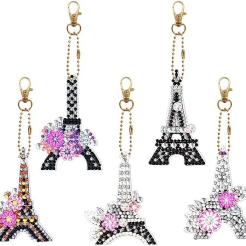 5D 5-Pack Eiffel Tower DIY Diamond Painting Keychain Double-Sided Diamond Painting Keychain Pendant Set