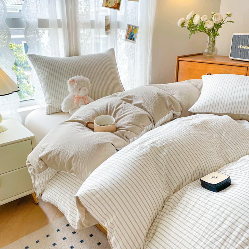 Skin-Friendly Washed Cotton Student Dorm Three-Piece Set Striped Class A Single/Double Duvet Cover Pillowcase Cross-Border Drop Shipping Factory Wholesale