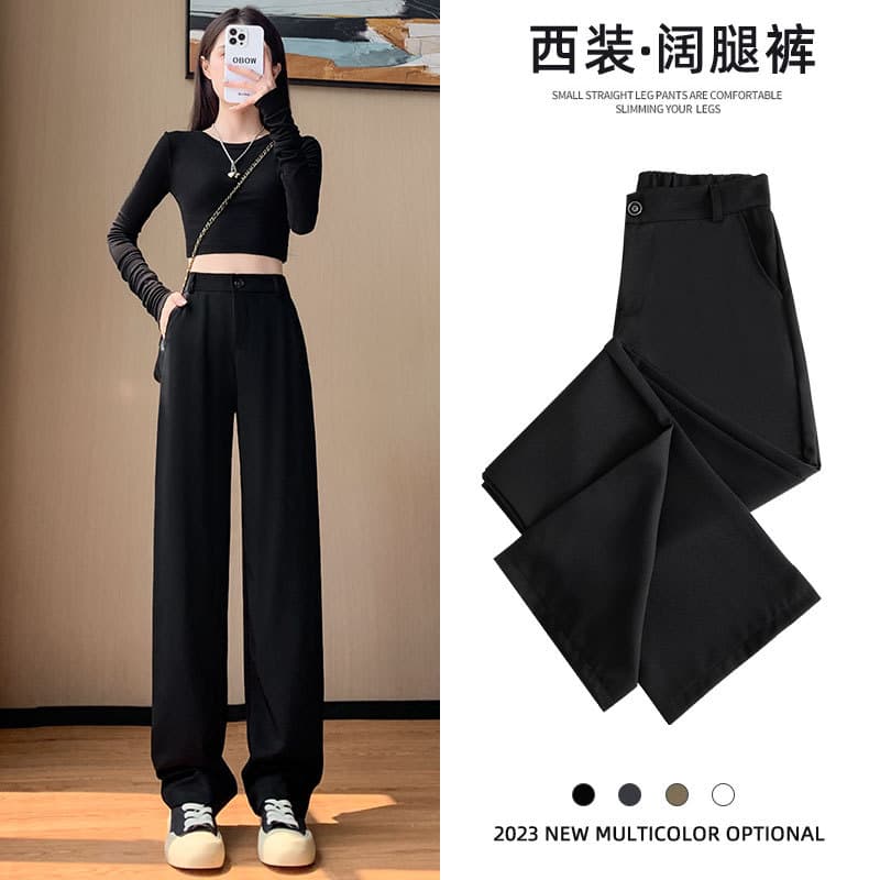 Slim Wide-Leg Pants for Women Spring/Fall Flowy Straight-Leg Trousers Slimming Casual High-Waist Suit Pants for Petite