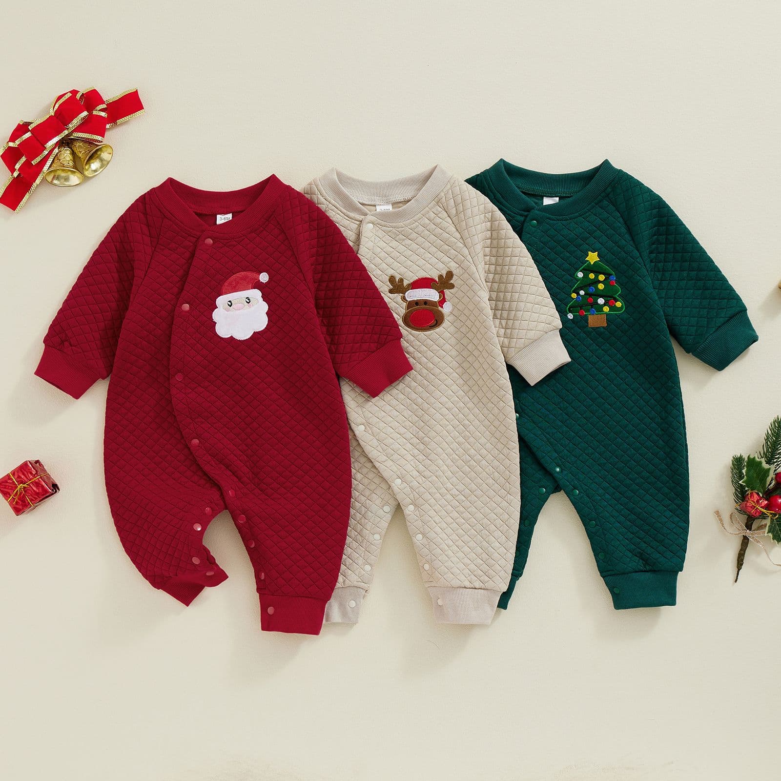 Baby Autumn Winter Korean Christmas Children's Clothing Christmas Element Embroidered Romper Newborn Solid Color Crawl Suit