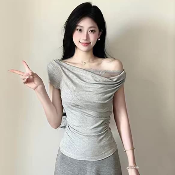Wild Beauty Korean-style Embroidered Lace Patch Short Sleeve T-Shirt for Women Summer Slim Fit Sexy Versatile Designer Top