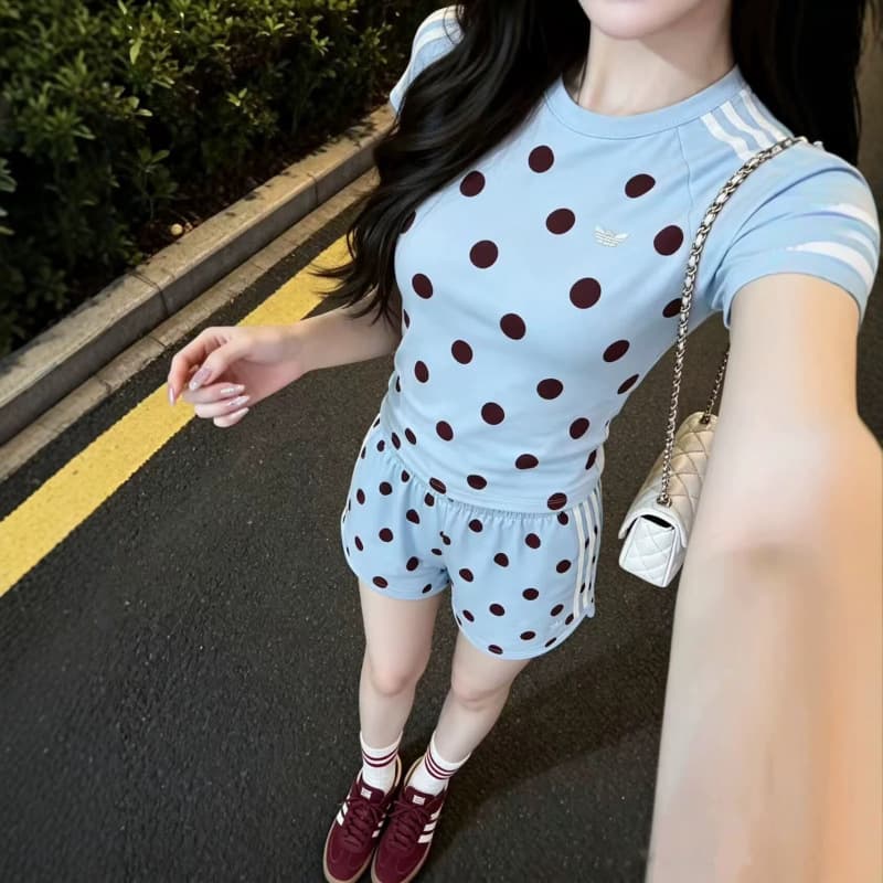 Cross-border High Version Clover Original Label Embroidered Polka Dot Set Summer Slim Fit Short Sleeve and Shorts Two-Piece Set