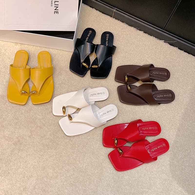 Cowhide Version Same Style Fashion Toe-Loop Square Toe Versatile Flat Thong Open-Toe Sandals for Women Summer Outdoor Wear