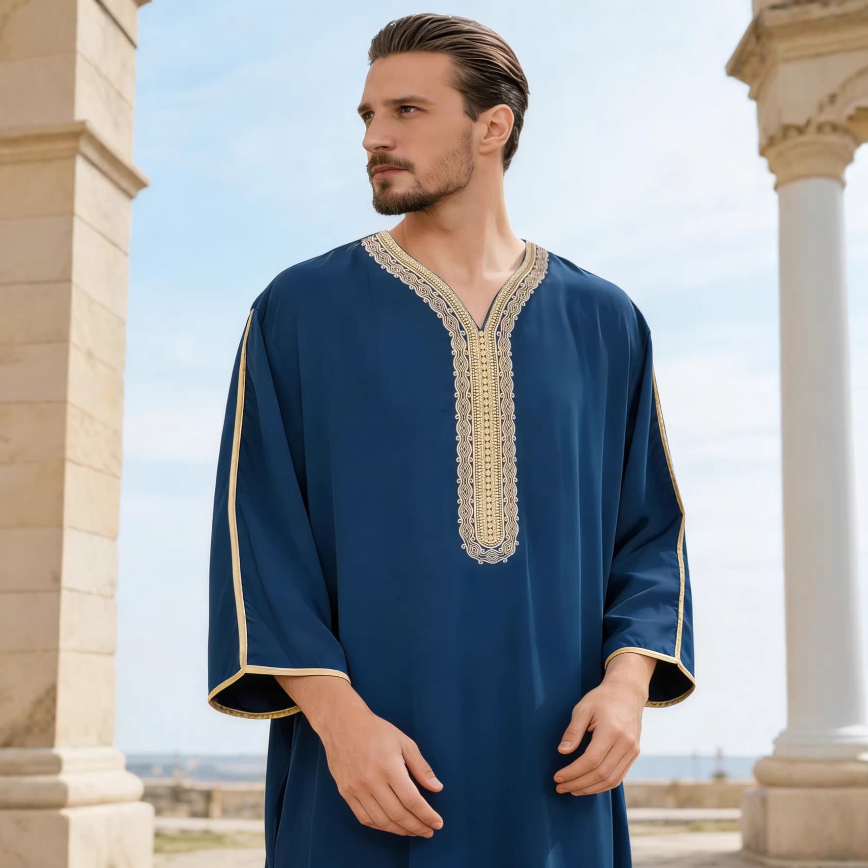2025 New Cross-Border Trade Mid-Sleeve Embroidered Men's Clothing with Side Pockets