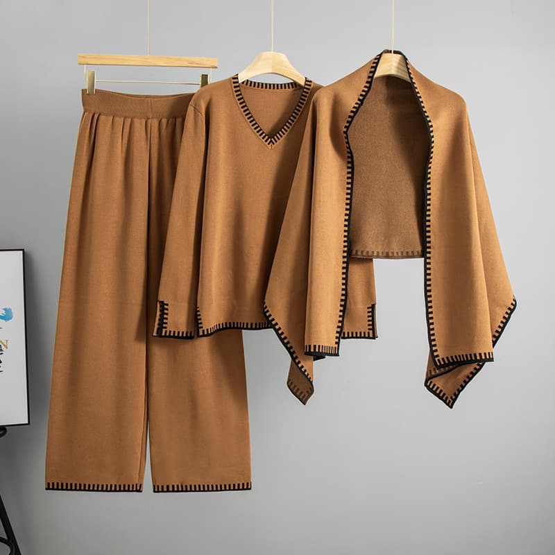 Cross-border Knitted Fashion Set for Women Autumn Winter Casual Shawl V-Neck Sweater Loose Wide-Leg Pants 3-Piece Trendy