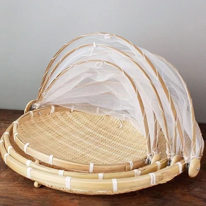 Flip-lid dust cover, insect-proof bamboo woven sieve, household food drying fly-proof storage basket, gauze net bamboo basket for steamed buns