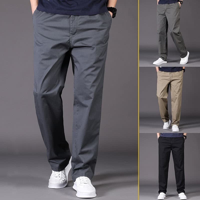 Summer thin men's casual pants for young and middle-aged men, pure cotton straight-leg long pants, plus-size loose wide-leg work pants