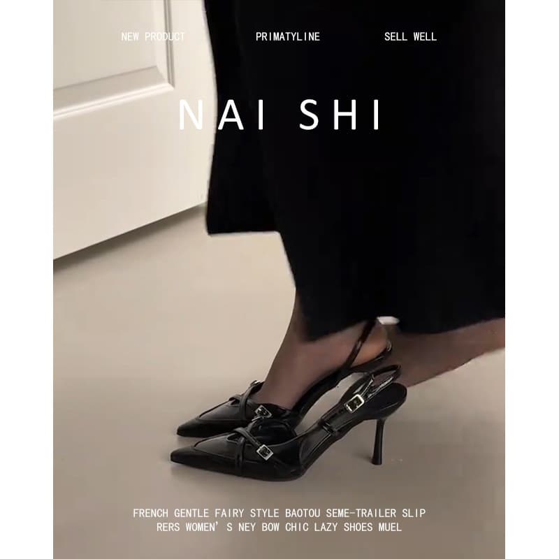 Sheepskin Edition! Pointed-Toe Belt Buckle Closed-Toe Sandals for Women, One-Strap Patent Leather Elegant Slingback Black High Heels
