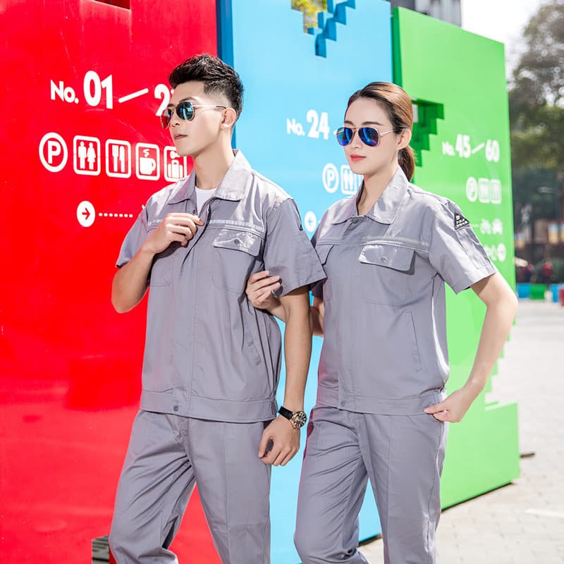 Summer Short-Sleeve Anti-Static Workwear Set with Reflective Strips, Breathable Auto Repair Uniform Top, Engineering Factory Uniform, Labor Protection Clothing