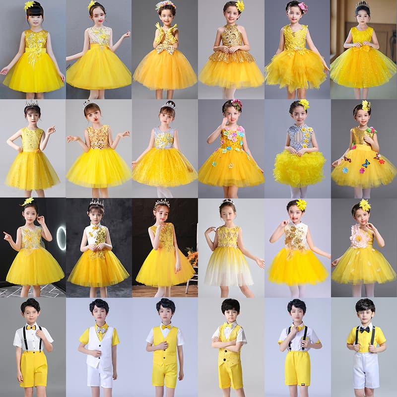 Yellow Performance Dress for Girls, Children's Day Gown Choir Dance Costume for Kindergarten, Tutu Princess Dress