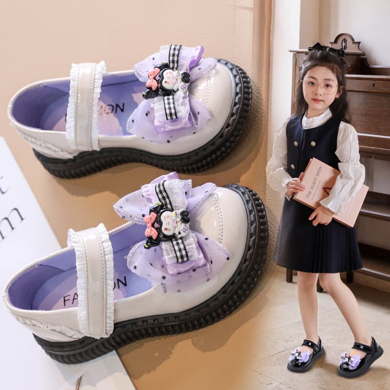 Girls' black Kuromi leather shoes, 2025 spring new style, elementary school students' British style princess shoes, soft-soled performance shoes