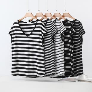 Plus Size Modal V-Neck Striped Short Sleeve T-Shirt Women Summer Thin Loose Slimming Undershirt Black and White Striped Top